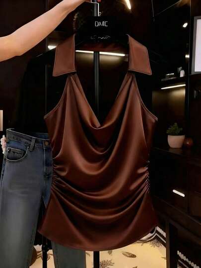 Franclia Blusa de mujer de ajuste ceñido, sin mangas, con cuello de corbata, de diseño elegante y estilo francés de moda para el verano