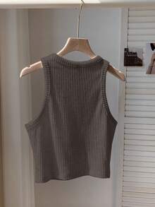 Comfortcana 女士纯色罗纹磨毛吊带背心，适合日常穿着 - 深灰色 - 查看 5