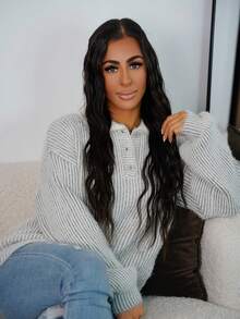 SAYEHFBABY Pulover bicolor din mohair, guler tricotat, supradimensionat, cu nasturi, fată cool, stil stradal, drăguț, toamnă, toamnă, iarnă, revelion - Gri - Vizualizare 6