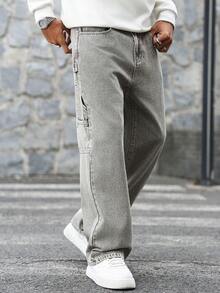 Manfinity EMRG 男士街头风雪花水洗直筒牛仔裤 - 咖啡棕 - 查看 4