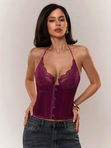 Aloruh Women's French Lace Cup Halter Backless Camisole - Champagne - View 6