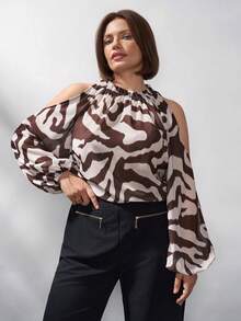 Chikora Blusa de mujer talla grande, elegante blusa de manga larga con hombros descubiertos y estampado de cebra semitransparente para el trabajo, el trayecto, el verano, el Día de San Valentín, el Carnaval, fiestas y primavera - Multicolor - Ver 7