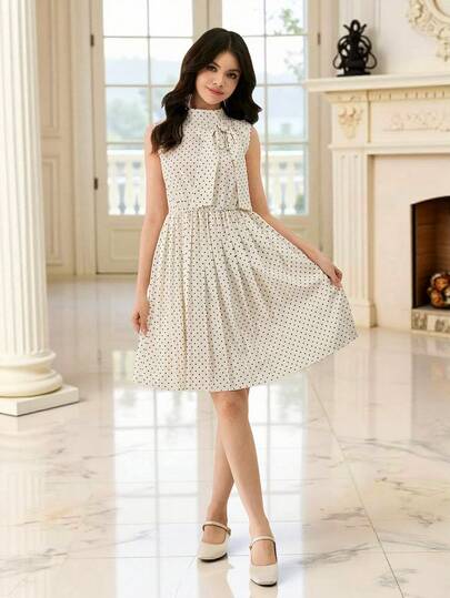 Elegant Minimalist Fashion Elegant Sleeveless Dress For Teen Girls, High Neck Design With Pleated Hem, Polka Dot Printed Fabric, Detachable Bow Tie, Classic , Suitable For Daily Wear And Gatherings In Summer Vintage Style Dress Girls Cream Dress For Teen Polka Dot Dress Elegant Teen Summer Dress
