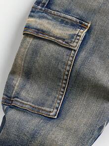 SHEIN Teen Boy Fashion Casual Y2k Vintage Cool Street Returns To School College Gradient Washable Workwear Pocket Design Denim Stretch Skinny Jeans Soft Dailywear And Kids Winter And Fall Raves Festival Ands Streetwear School Boys Graffiti Street Jeans - Dark Wash - View 3