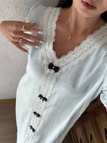 DAZY 蕾絲拼接蝴蝶結裝飾中長版短袖夏季睡裙，女款睡衣連身裙睡袍 - 藍色 - 查看 5