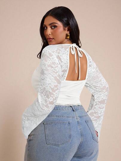 SHEIN BAE Plus Size Women Lace Patchwork Long Sleeve Top/Winter