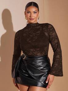 SHEIN BAE Bluză sexy cu mânecă lungă și dantelă transparentă pentru femei, mărime plus - cafea maro - Vizualizare 6