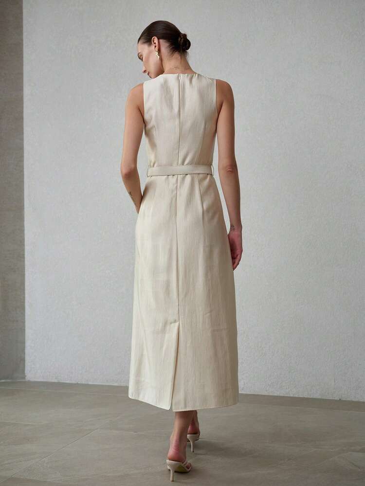 WOMEN'S SLEEVELESS LONG DRESS WITH BELT, MINIMALIST STYLE, SPRING/SUMMER
