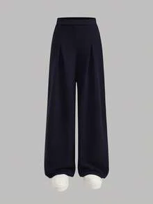 SHEIN Girlism 少女两件套针织撞色翻领短袖衬衫和裤子，休闲都市风拼接撞色两件套衬衫和阔腿裤套装 - 藍白色 - 查看 9
