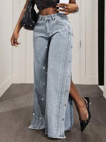 Slaydiva Women's Casual Fashion Rhinestone Embellished Loose Wide-Leg Jeans Rhinestone Denim Jeans Wide Leg Jeans Y2k Rhinestone Jeans Embellished Jeans - Blue - View 3