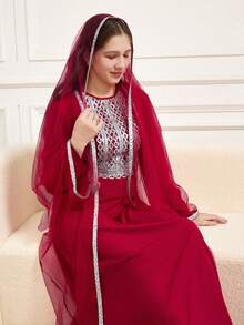 SHEIN 2pcs/Set Teen GirlOutfit, Knit Slit Cami Dress And Button-Up Cropped Jacket Set, Gray - Red - View 8