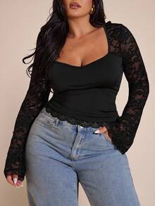 SHEIN BAE Plus Size Women Lace Patchwork Long Sleeve Fitted Fashionable Halloween Long Sleeve Top Christmas Concert For Women, Club Women Sexy - Black - View 3