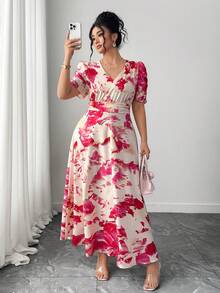 Elenzga 大码泡泡袖褶皱V领收腰修身连衣裙 - 玫紅色 - 查看 8