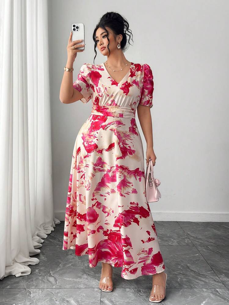 Elenzga 大码泡泡袖褶皱V领收腰修身连衣裙 - 玫紅色 - 查看 8