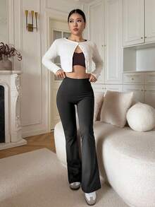 DAZY 女士休闲纯色高腰打底裤 Y2k - 黑色 - 查看 5