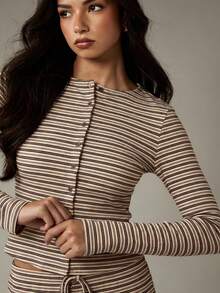 MISSGUIDED Striped Button Up Cardigan And Wide Leg Pants Co Ord Set For Women Casual Lounge Wear Fall Winter Ribbed Knit Matching Outfit - Multicolor - View 5