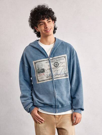 Open Phase Washed Men's Autumn Dropped Shoulder Long Sleeve Zip Front Vintage Graphic Print Casual Hoodie