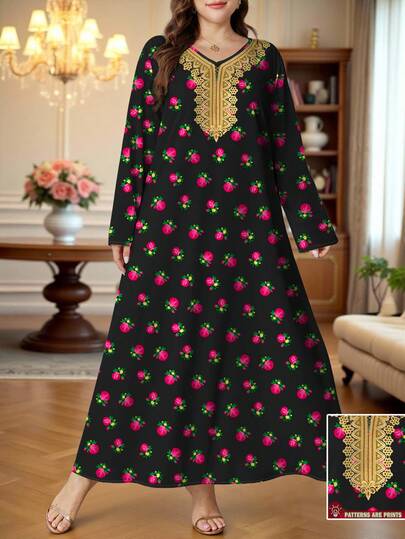 SHEIN Najma 大码女式花卉、植物和几何印花V领长袖优雅阿拉伯风格长裙，适合春秋季穿着