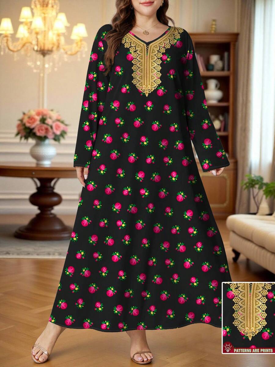 SHEIN Najma 大码女式花卉、植物和几何印花V领长袖优雅阿拉伯风格长裙,适合春秋季穿着 - 彩色 - 查看 1