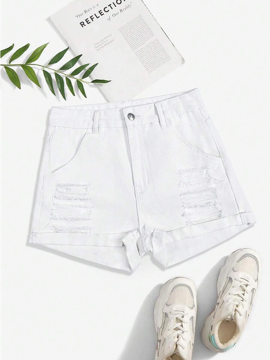 Breezaya Quần short denim trơn màu, gấu quần xắn, cạp quần rách, có đai cài. - trắng - Xem 1