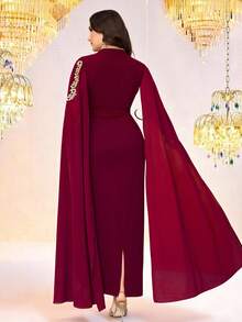Al Najma Plus Size Women's Elegant Party Embroidered Applique Cape Sleeve Arabic Style Dress - Burgundy - View 2