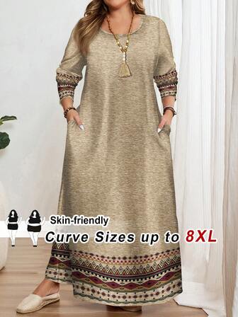 SHEIN CURVE+ 加大码黑色长袖宽松A字中长连衣裙，时尚秋冬连衣裙