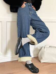 DAZY Quần jeans ống rộng cạp cao lót giữ nhiệt, màu đen, dáng suông dành cho nữ, thích hợp cho mùa thu/đông. - Rửa trung bình - Xem 3