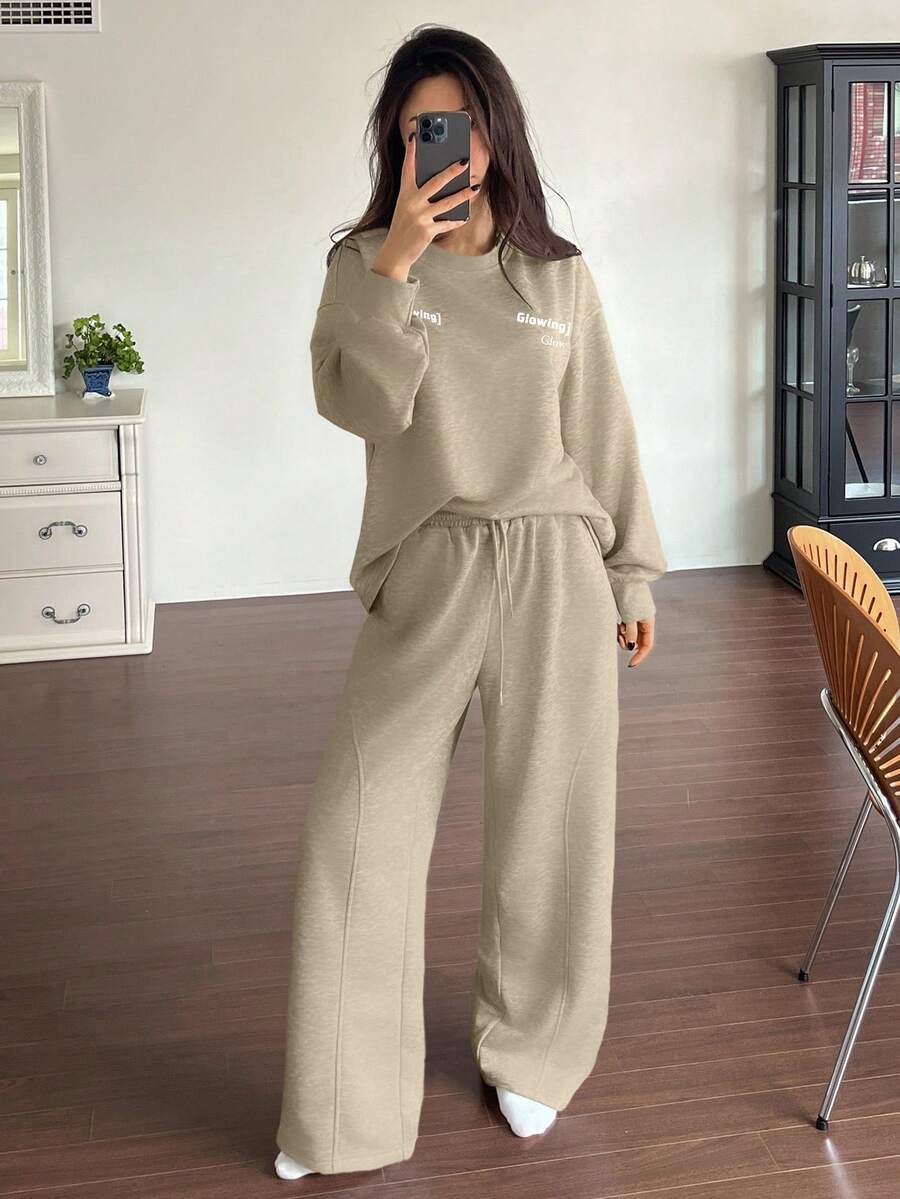DAZY 2pcs Women Letter Print Decoration Loose Fit Sweatshirt And Pants Homewear Set, Autumn/Winter