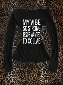 Glimmora 女士休闲标语印花圆领长袖T恤