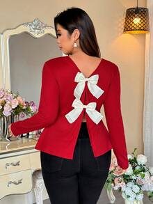 Vionelle Plus Size Women's Red And White Autumn Elegant Party 3D Organza Bow Back Knit Long Sleeve T-Shirt Jumper,Valentine's Day V Neck Pullover Casual Top - Red - View 4