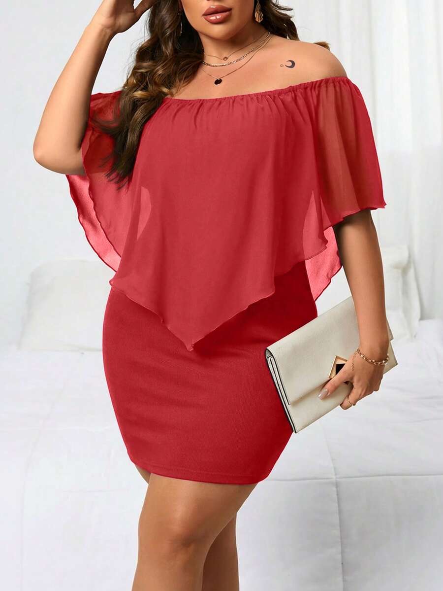 Reflora Plus Size Solid Color Off Shoulder Ruffle Hem Fitted Dress - Red - View 1
