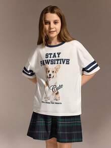 SHEIN Explorewe Tween Girls' Summer Casual Striped Puppy & Letter Print T-Shirt And Plaid Skirt Set - White - View 4