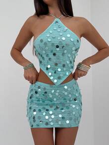 Aloruh 2pcs/Set Sexy Beaded Backless Halter Top And Mini Skirt Set, Summer - Blue - View 4