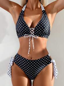 Swim Mod Women's Black Polka Dot Halter Tie Starfish Pendant Bikini Set, Beach Outfit - Black and White - View 6