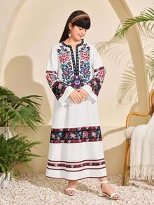 1件少女传统阿拉伯花卉印花长袖V领长款连衣裙，节日阿巴雅长袍 - 白色 - 查看 7