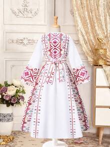 SHEIN White Autumn Modest Family Matching Girls',Traditional Arab Abaya With Geometric Embroidered Print,Flared Wide Sleeves Cinched Waist Dress - White - View 2