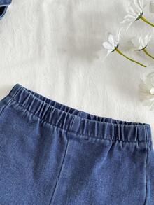 SHEIN Vintaside Kids Bộ đồ denim 2 mảnh cho bé gái, chất liệu denim đặc biệt, họa tiết thêu phong cách đồng quê, thời trang và thanh lịch, phù hợp cho mùa xuân, hè và thu giao mùa. - Màu xanh lam - Xem 8