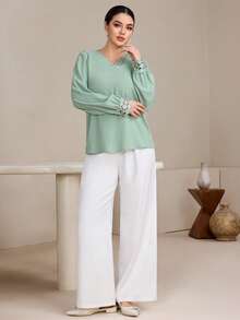 Graceveil Women's Elegant V-Neck Contrast Lace Lantern Sleeve Blouse, Spring/Autumn - Green - View 5