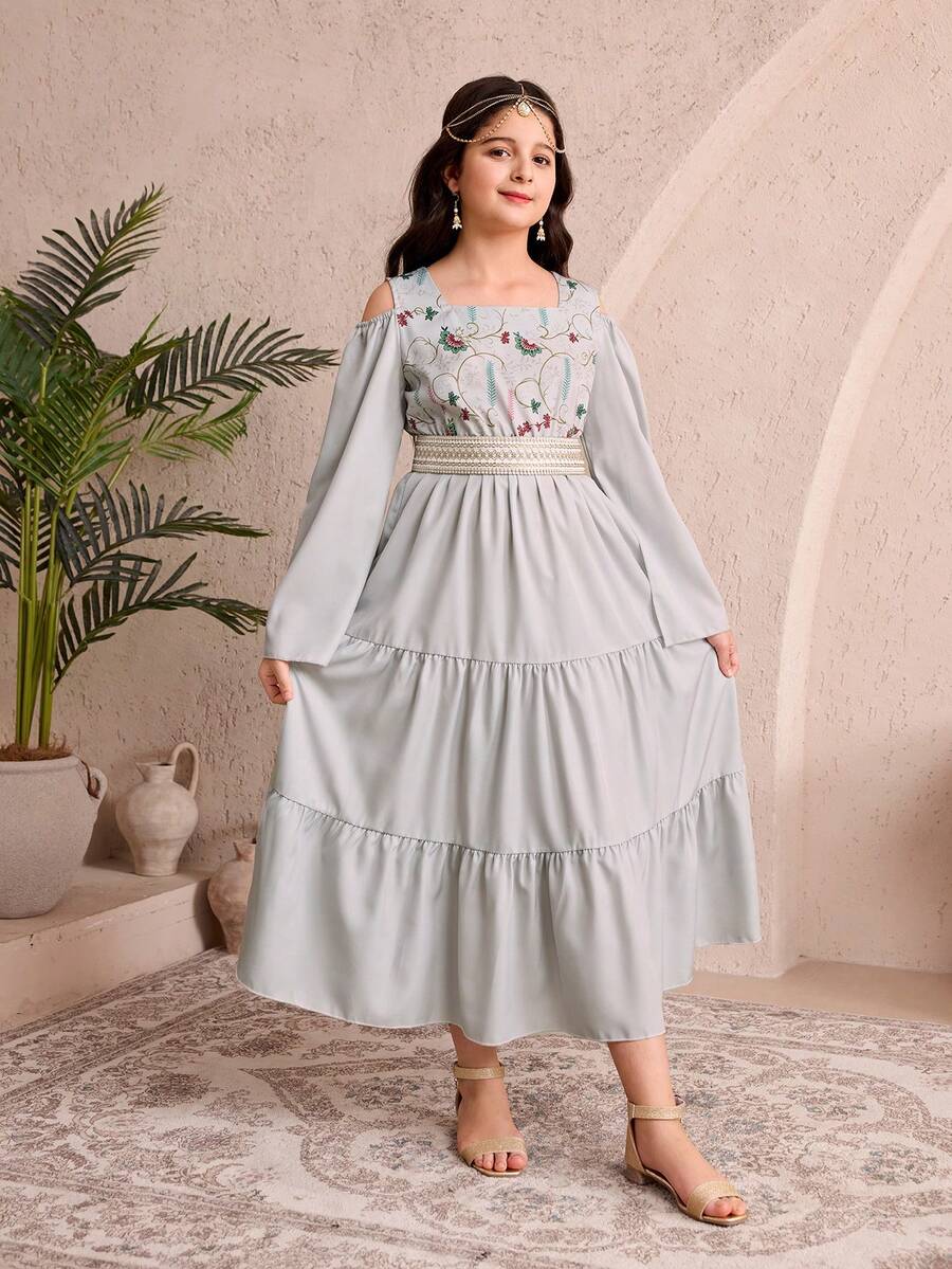 Đầm dài tay in hoa thanh lịch với cổ vuông dành cho bé gái tuổi teen, thích hợp cho mùa xuân/thu. - Màu Khaki - Xem 1