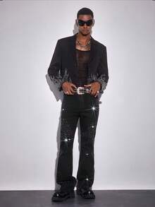 ROMWE MEN Street Life Men's Lapel NeckLong Sleeve Rhinestone Embellished Suit Jacket - Black - View 3