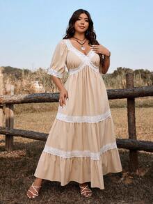 Ceyna Casual V-Neck Long Cake Dress, Elegant Style - Khaki - View 3