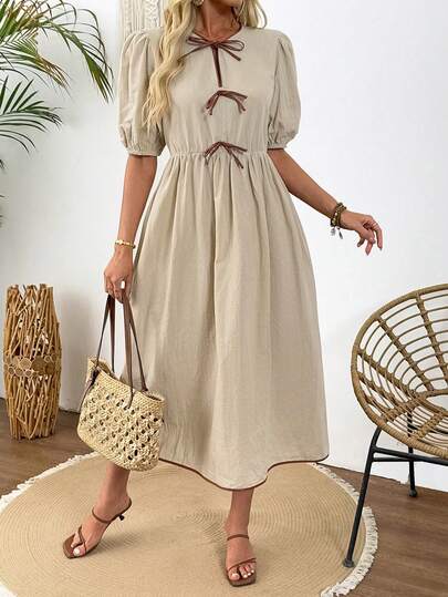 SHEIN LUNE 大码女式休闲时尚连衣裙，带蝴蝶结装饰和短泡泡袖