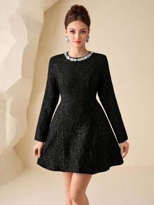 Modelyn Women's Black Woven Bubble Texture Rhinestone Trim Waist Flare Hem Elegant Long Sleeve Dress, Spring/Summer - Black - View 6