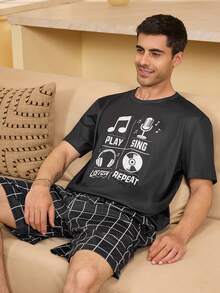 Velminro بيجامة رجالية مطبوعة بألوان متباينة، ملابس علوية بأكمام قصيرة وشورت