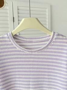 SHEIN Áo thun tay ngắn dáng rộng, vai rớt, chất liệu vải dệt jacquard dành cho bé gái tuổi teen. - Màu tím hoa cà - Xem 3