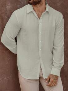 Manfinity Homme Men's Mature Vacation Linen Blend Long Sleeve Shirt Men Textured Shirt - Light Grey - View 3