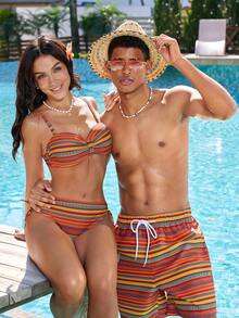 Manfinity VDAYZ Men's Striped Print Drawstring Waist Pocket Beach Shorts - Orange - View 6