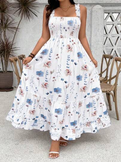 Ceyna Plus Size Women Sleeveless Waist Cinched Flared Hem Casual Dress, Elegant Holiday Dress White Floral Dress Women Sundress Elegant Summer Dress Vacation Dress Women Summer Dress Women Sundress Summer Women Vacation Dress White And Blue Dress Floral Print Dress Elegant Spring Dress White Floral Dresses For Women