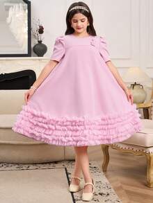 Girl's Elegant Mesh Overlay Dress, Lightweight Luxury Style, Suitable For Spring/Summer Parties And Celebrations, Layered Mesh Presents A Soft And Graceful Aesthetic For Formal Events Dress For Girls Lila Tween Girls Elegant Dress Tween Girl Dress With Sleeve Tween Dusty Pink Dress Tween Ruffle Dress - Pink - View 3