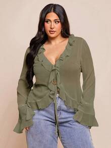 SHEIN BAE Áo cánh voan thanh lịch đầu xuân cỡ lớn dành cho nữ, có viền xếp nếp và tay dài, thích hợp cho những buổi hẹn hò lãng mạn, gặp gỡ bạn bè, hoạt động nghỉ dưỡng và những buổi đi chơi duyên dáng hàng ngày - xanh quân đội - Xem 4
